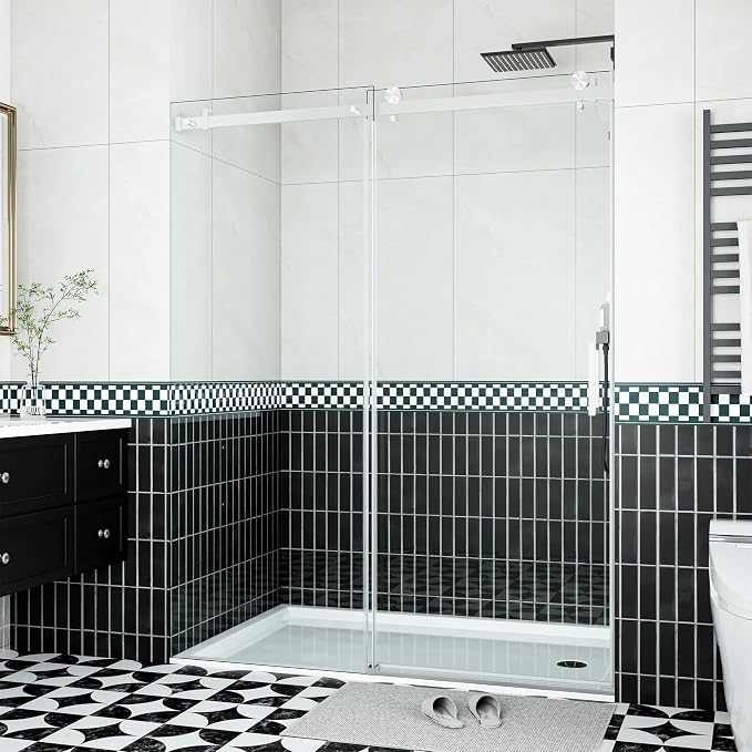 GarveeLife Sliding Shower Door 56–60 inch W x 76 inch H, Frameless Shower Door with Fixed Panel, Square Stainless Steel Track, 8mm Coated Tempered Glass, Single Sliding Shower Door, Brushed Finish