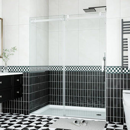 Sliding Shower Door 56–60 inch W× 76 inch H, Frameless Glass Shower Door with Square Stainless Steel Track and 55mm Rollers, 6mm Tempered Glass, Modern Sliding Shower Doors for Bathroom Remodeling