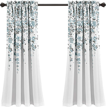 Lush Decor Weeping Flower Light Filtering Window Curtain Panels, Pair, 52"W x 63"L + 2" Header, Blue & Gray - Charming Modern Floral Curtains for Living Room, Dining Room, & Bedroom