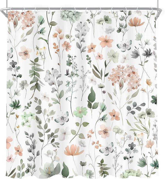 Cute Green Pink Floral Wildflower Watercolor Bathroom Shower Curtain Set | 72"W x 78"H Boho Butterfly; waterproof HD print, quick-dry fabric and plastic hooks for easy setup.