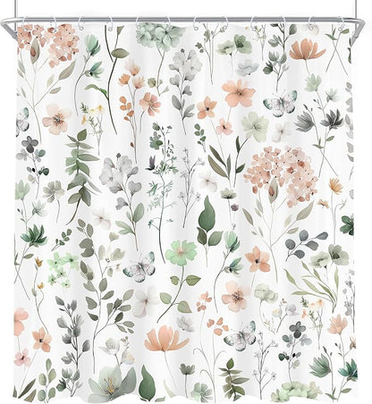 Cute Green Pink Floral Wildflower Watercolor Bathroom Shower Curtain Set | 72"W x 78"H Boho Butterfly; waterproof HD print, quick-dry fabric and plastic hooks for easy setup.
