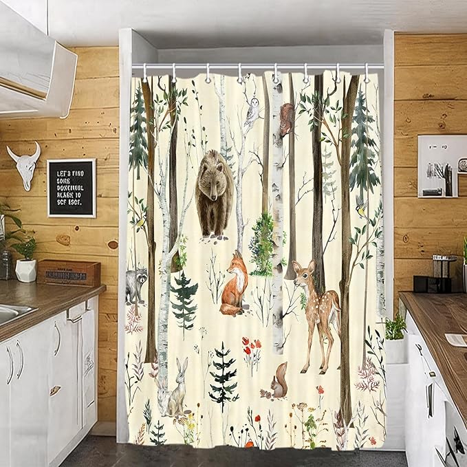 JAWO Rustic Forest Shower Curtain - Lodge Cabin Woodsy RV Wildlife Animals Woodland Campers Camping Bathroom Set with Hooks, 36X72 Inch, Beige