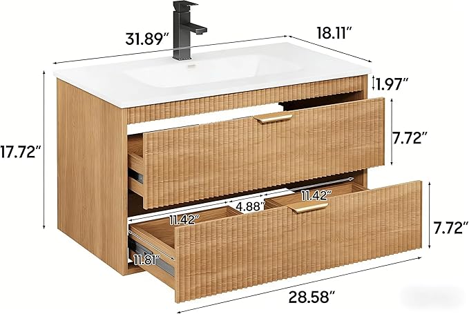 Vabches 30 Inch Bathroom Vanity with Sink, Wood Grain Wall Mounted Vanity with 2 Storage Darwers, Floating Bathroom Vanity with Storage, Bathroom Floating Vanity with Sink, Faucet, Drain, Oak