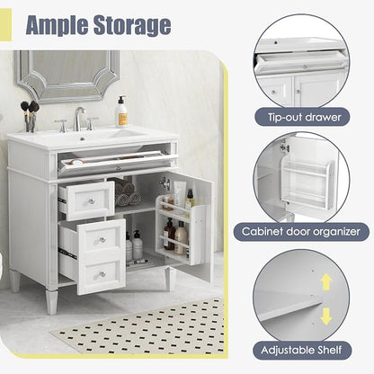 Merax 30 inch Bathroom Vanity with Ceramic Sink, Solid Wood Frame Modern Bathroom Sink Storage Cabinet with 2 Drawers and a Tip-Out Drawer, Single Sink Bathroom Vanities, White