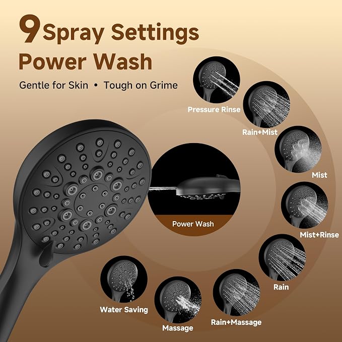 BRIGHT SHOWERS Rain Shower System with Handheld, High Pressure Dual Shower Head Combo, 9-Spray Modes, Adjustable Slide Bar & Extension Arm, 3-Way Diverter, Built-in Power Wash, 69" Hose, Matte Black
