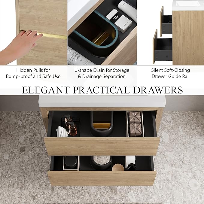 Modern 30" Wall-Mounted Bathroom Vanity with Sink | Floating Storage Cabinet, Stone Resin Countertop, Soft Close Drawers | Natural Oak