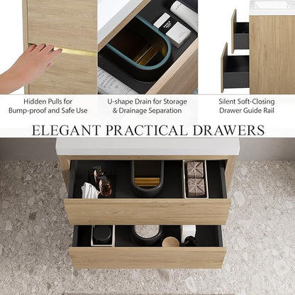 Modern 30" Wall-Mounted Bathroom Vanity with Sink | Floating Storage Cabinet, Stone Resin Countertop, Soft Close Drawers | Natural Oak