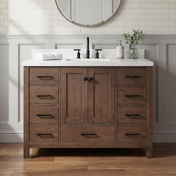 DKB Beckford 48-Inch Brown Oak Single Bathroom Vanity with Sink, 1.5-Inch Edge Carrara White Quartz Countertop & 4" Backsplash, Soft-Closing Doors & Drawers, Solid Oak Wood Construction