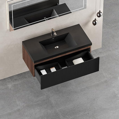 36'' Floating Bathroom Vanity with Sink Combo, Modern Wall-Mounted Striped Bathroom Storage Cabinet with Soft-Close Drawers and Black Quartz Sand Basin, No Assembly Required