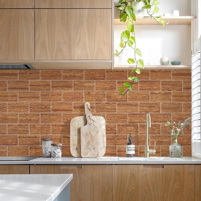 STICKGOO 10-Sheet Backsplash Peel and Stick Subway Tile(Thicker Design, Faux Red Travertine)