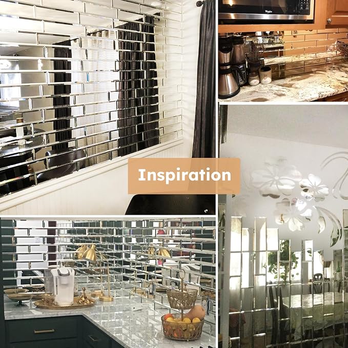 Peel and Stick Mirror Backsplash Tiles, Silver, 4x12 Inch, Beveled Mirror Subway Tiles for Kitchen Backsplash Bathroom Wall, Pack of 15 Pcs