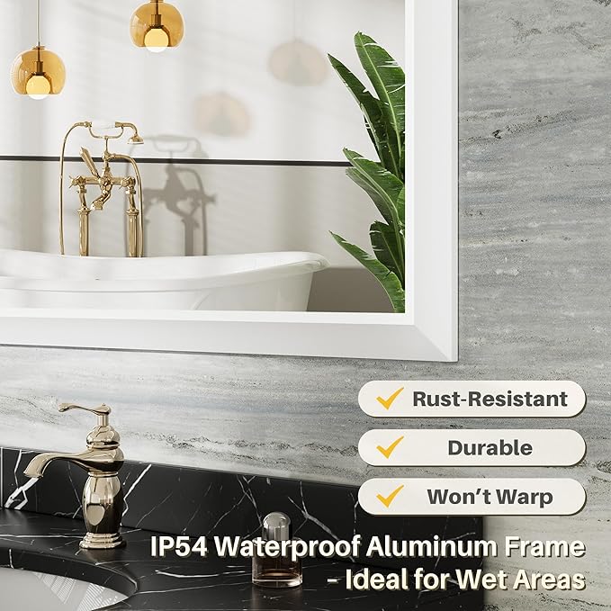 36x30 Inch White Bathroom Mirror for Wall, Thick Metal Framed Rectangle Mirrors for Over Sink, Bedroom, Living Room, Entryway, Anti-Rust, HD Tempered Glass