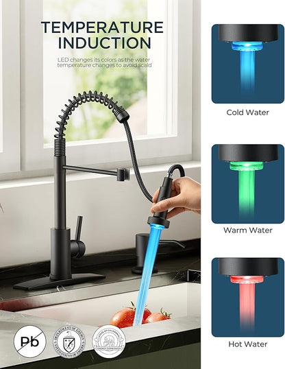 FORIOUS LED Kitchen Faucet with Pull Down Sprayer Black, Modern Single Handle Stainless Steel Commercial Spring Sink Faucet with LED Light for Pot Filler, Farmhouse Camper Bar Laundry Room
