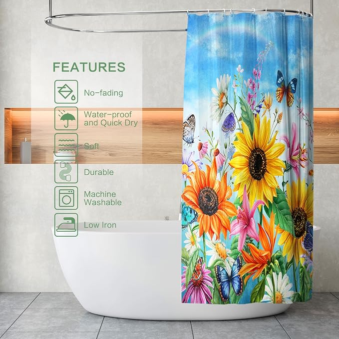 Shower Curtain Sunflowers Waterproof for Bathroom with Hooks 72x72 | Vibrant Colorful Floral Butterly Shower Curtain Washable Polyester Fabic Home Farmnouse Office Decor Bath Curtains