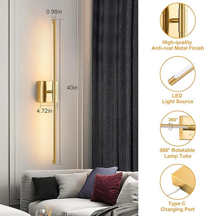 40″ Gold Battery Operated Wall Sconces Set of Two, Dimmable Wall Sconces with Remote Control, Rechargeable Sconces Wall Lighting, LED Wireless Wall Lights for Bedroom, Living Room, Bathroom