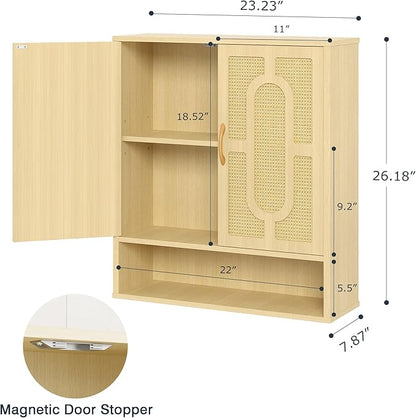 VECELO Rattan Bathroom Wall Cabinet, Medicine Cabinets with Adjustable Shelves, Wall Mounted Above Toilet Storage Organizer for Bathroom, Kitchen, Entryway