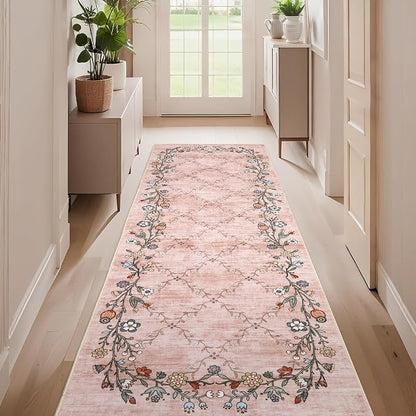 2x6 Modern Floral Area Rug Washable Runner Rug for Hallway Non Slip Low-Pile Stain Resistant Soft Non-Shedding Bathroom Rugs for Nursery Office Dining Room Entryway，Pink