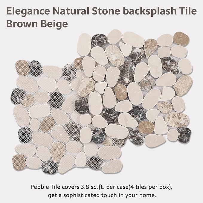 Pebble Tile, Brown Beige Sliced Pebble Stone Tiles for Shower Kitchen Backsplash Bathroom Wall and Floor, 4 Sheets