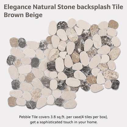 Pebble Tile, Brown Beige Sliced Pebble Stone Tiles for Shower Kitchen Backsplash Bathroom Wall and Floor, 4 Sheets
