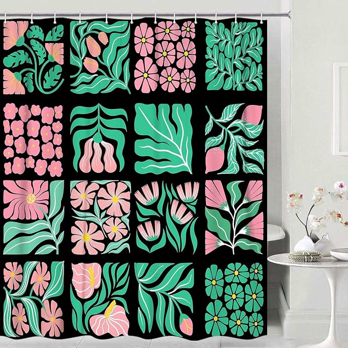 JAWO Pink Green Floral Shower Curtain for Bathroom, Retro Boho Floral Shower Curtains Decor for Women Girls, Vintage Botanical Geometric Groovy Aesthetic Pattern Shower Curtain Sets with Hooks70X48IN