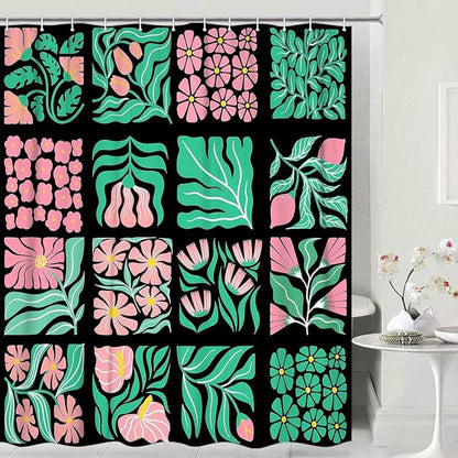 JAWO Pink Green Floral Shower Curtain for Bathroom, Retro Boho Floral Shower Curtains Decor for Women Girls, Vintage Botanical Geometric Groovy Aesthetic Pattern Shower Curtain Sets with Hooks70X48IN