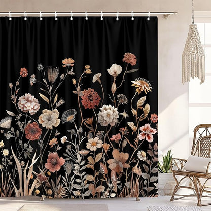 Vintage Boho Black Floral Shower Curtain, Beige Brown Cream Tan Rustic Farmhouse Flower Shower Curtain Set, Cute Botanical Wlidflowers Fabric Shower Curtains Decoration, 60X72 Bathroom Accessories