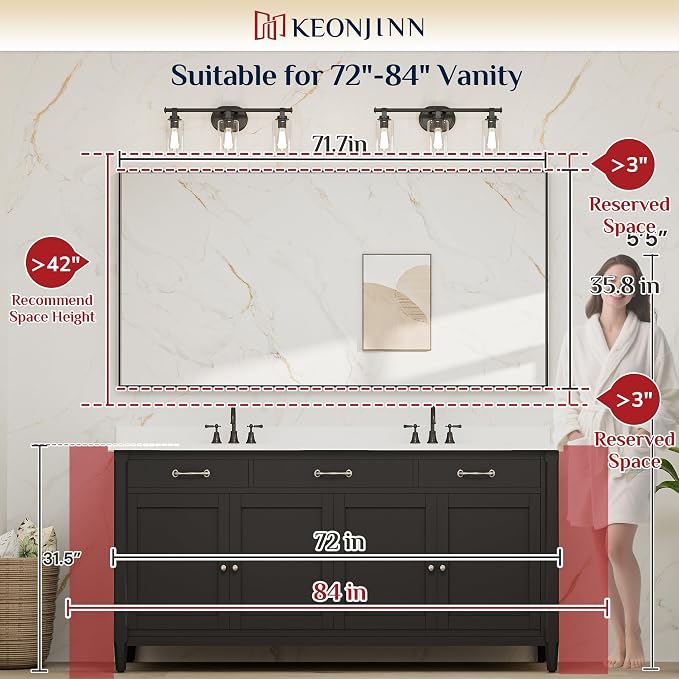 Keonjinn 72x36 Inch Nickel Bathroom Mirror for Over Sink, Rectangular | HD Tempered Glass, Vanity Mirror, Brushed Framed, Square Corner, Modern Farmhouse, Wall Mounted Mirrors, Aluminum Alloy