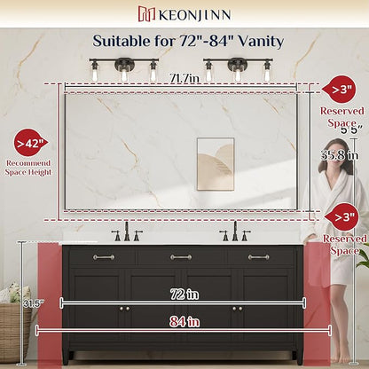 Keonjinn 60x36 Inch Nickel Bathroom Mirror for Over Sink, Modern Farmhouse | HD Tempered Glass, Vanity Mirror, Brushed Framed, Square Corner, Rectangular, Wall Mounted Mirrors, Aluminum Alloy