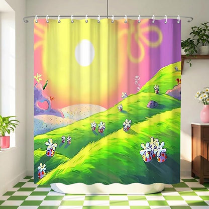 Anime Cartoon Green Hill Sunset Shower Curtain Set 72x72 Inches | Anime Cartoon Green Hill Sunset Landscape Print, Whimsical Home Guest Housewarming Cartoon Lover Bathroom Decor, With Hooks