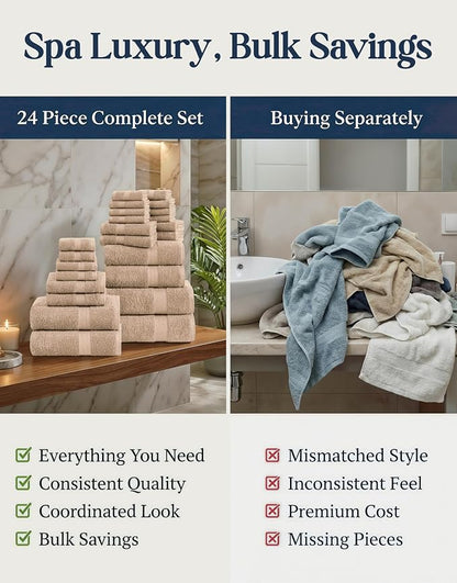 LANE LINEN Towel Set Quick Dry 100% Cotton 24 Piece Soft Absorbent - Beige | Towels And Washcloths - Ring-Spun Durability, Terry Weave Comfort, Soft & Long-Lasting, Easy-Care
