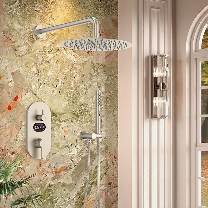 Longriver Round Shower Faucet Set with Hydro Power Temperature Display | Shower System 12" Shower Head with Handheld Spray, Wall Mounted Shower Fixtures with Shower Valve and Trim Kit-Brushed Nickel