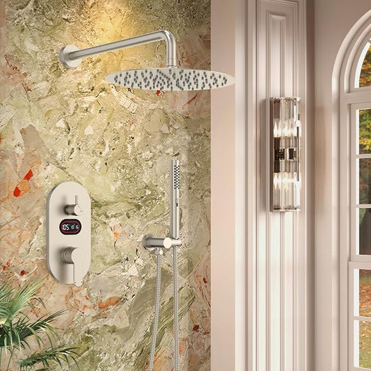 Longriver Round Shower Faucet Set with Hydro Power Temperature Display | Shower System 12" Shower Head with Handheld Spray, Wall Mounted Shower Fixtures with Shower Valve and Trim Kit-Brushed Nickel