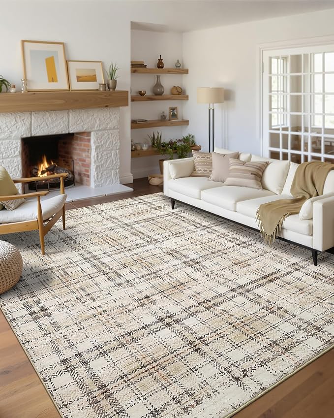 Modern Washable 8x10 Area Rug - Soft, Non-Slip, Stain Resistant, Farmhouse Tartan Plaid for Living Room, Bedroom, Nursery, Office - Beige