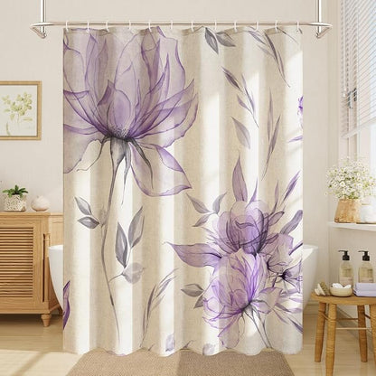 Purple Floral Linen Shower Curtain, Watercolor Botanical Design, 72 x 72 | Boho Floral Design, Watercolor Botanical Style, Ink Painting Flowers & Leaves, Linen Blend Fabric Curtain