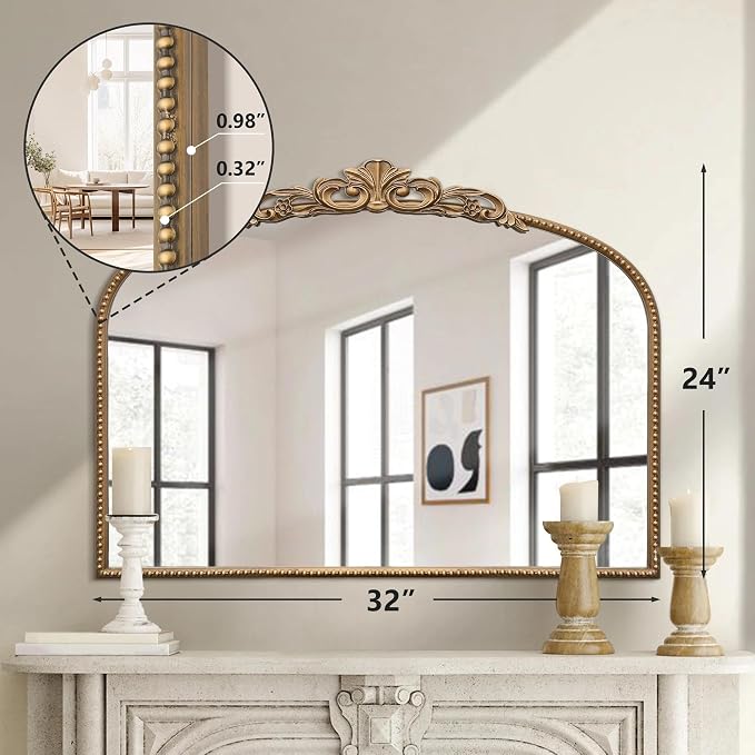 Micasso Vintage Gold Arched Mirror: 32"x24" Baroque Antique Vanity Mirror | Traditional Ornate French Decorative Wall Mirror for Bedroom/Bathroom/Entryway/Hallway/Dresser/Mantel/Nightstand/Over Sink