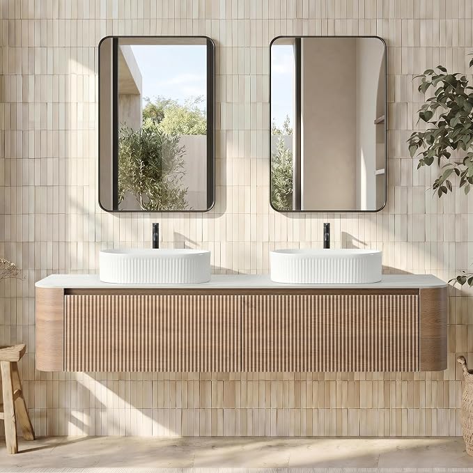 72" Floating Bathroom Vanity with Double White Sink, Honey Oak | Pre-Assembled Fluted Wall Mounted Vanity with Sintered Stone Countertop, Rounded Edges, Soft-Close Drawers & Towel Rack