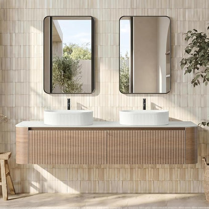 72" Floating Bathroom Vanity with Double White Sink, Honey Oak | Pre-Assembled Fluted Wall Mounted Vanity with Sintered Stone Countertop, Rounded Edges, Soft-Close Drawers & Towel Rack