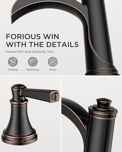 FORIOUS Oil Rubbed Bronze Bathroom Faucet 3 Hole or 8 Inch Widespread Tap, 2 Handle Brass Waterfall Faucet for Bathroom Sink 3 Hole with Mteal Pop-up Drain and CUPC Supply Line, for 6-12” ORB Vanity
