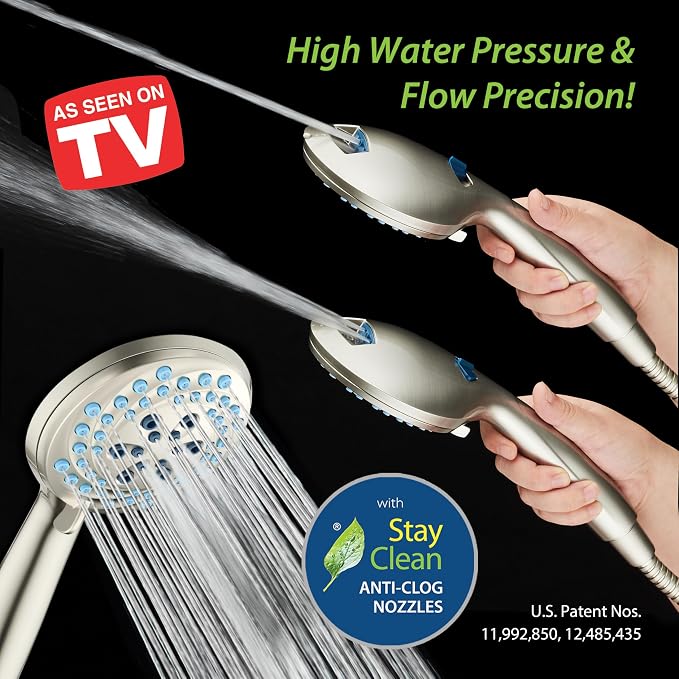 AquaCare New 8-mode High Pressure Handheld Shower Head w/ 2-way Power Wash | Stay Clean Nozzles, Dual Power Wash for Tub, Tile & Pets, Long 6 ft. Stainless Steel Hose, Wall & Overhead Brackets / Nickel