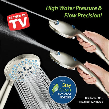 AquaCare New 8-mode High Pressure Handheld Shower Head w/ 2-way Power Wash | Stay Clean Nozzles, Dual Power Wash for Tub, Tile & Pets, Long 6 ft. Stainless Steel Hose, Wall & Overhead Brackets / Nickel