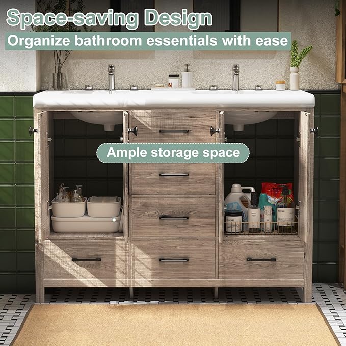 48 Inch Bathroom Vanity with Sink, Bathroom Vanity Cabinet with Double Sink, Bath Vanities with 4 Doors and 5 Drawers, Grey Oak (20" D x 48" W x 36" H)