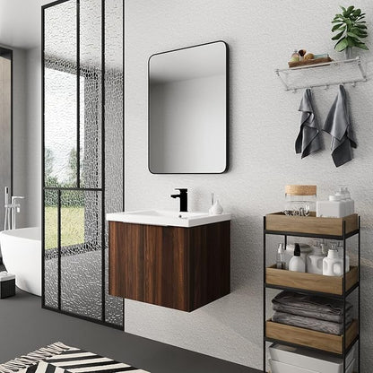 Henf 24inch Floating Bathroom Vanity Cabinet with Sink Combo, Modern Wall Mounted Solid Wood Cabinet with White Gel Basin Sink Bathroom Storage Cabinet with 2 Soft Close Doors