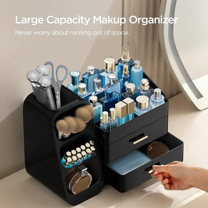 HBlife Cologne Organizer for Men Makeup Organizer with Brush Holder for Vanity, Large Plastic Bathroom Countertop Organizer Skin Care Storage, Fathers Day Gift for Dad Husband, All Black