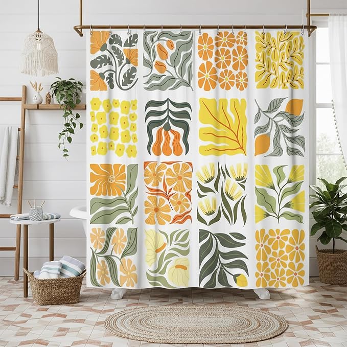 JAWO Cute Boho Floral Shower Curtain, Vintage Yellow Abstract Floral Retro Aesthetic Plant Shower Curtain for Bathroom, Funky Unique Waterproof Fabric Polyester Bath Curtains Decor with Hooks,70Wx70H