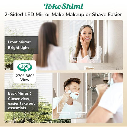 TokeShimi 40x32 Inch LED Medicine Cabinet with Lighted Mirror, 3 Color Stepless Dimming Bathroom Cabinet with Defogger Tempered, CRI 80+, Anti-Fog, Memory Funtion, Wall Lit Mirror with Storage