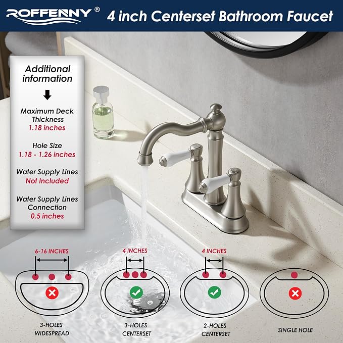 Porcelain 2-Handle Brushed Nickel Bathroom Faucet 4 Inch Centerset | with Plastic Pop-up Drain, Classical 4" Bath Lavatory Vanity Faucets for 2/3 Hole Sinks, High Arc 360° Swivel Brass Spout
