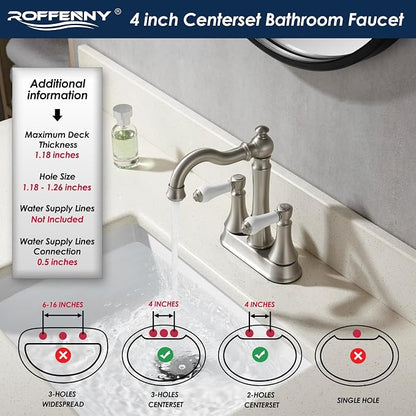 Porcelain 2-Handle Brushed Nickel Bathroom Faucet 4 Inch Centerset | with Plastic Pop-up Drain, Classical 4" Bath Lavatory Vanity Faucets for 2/3 Hole Sinks, High Arc 360° Swivel Brass Spout