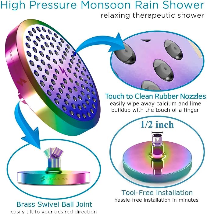 SparkPod Rain Shower Head, 6 Inch Round, Radiant Rainbow Finish | High Pressure Shower Heads, 90 Nozzles, Adjustable Showerhead, No Tools Needed, Universal Connection