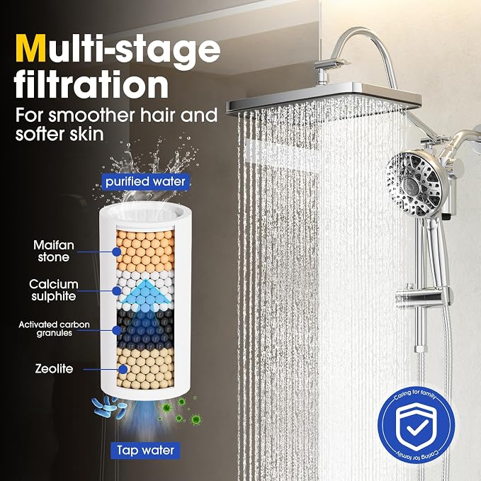 12" Filtered Shower Head with Handheld Rain Shower Head with Filters | Shower Filter Head for Hard Water,High Pressure,Dual Rainfall Shower Heads with Adjustable Extension Arm & Slide Bar,Black