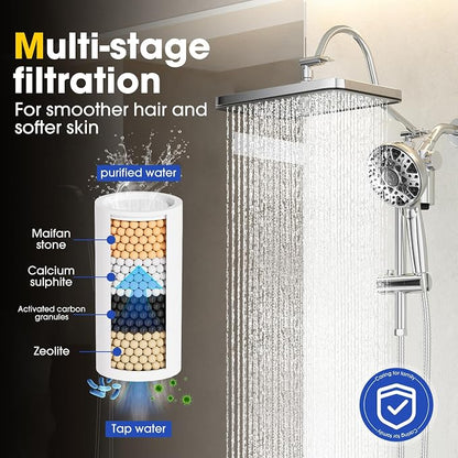 12" Filtered Shower Head with Handheld Rain Shower Head with Filters | Shower Filter Head for Hard Water,High Pressure,Dual Rainfall Shower Heads with Adjustable Extension Arm & Slide Bar,Black